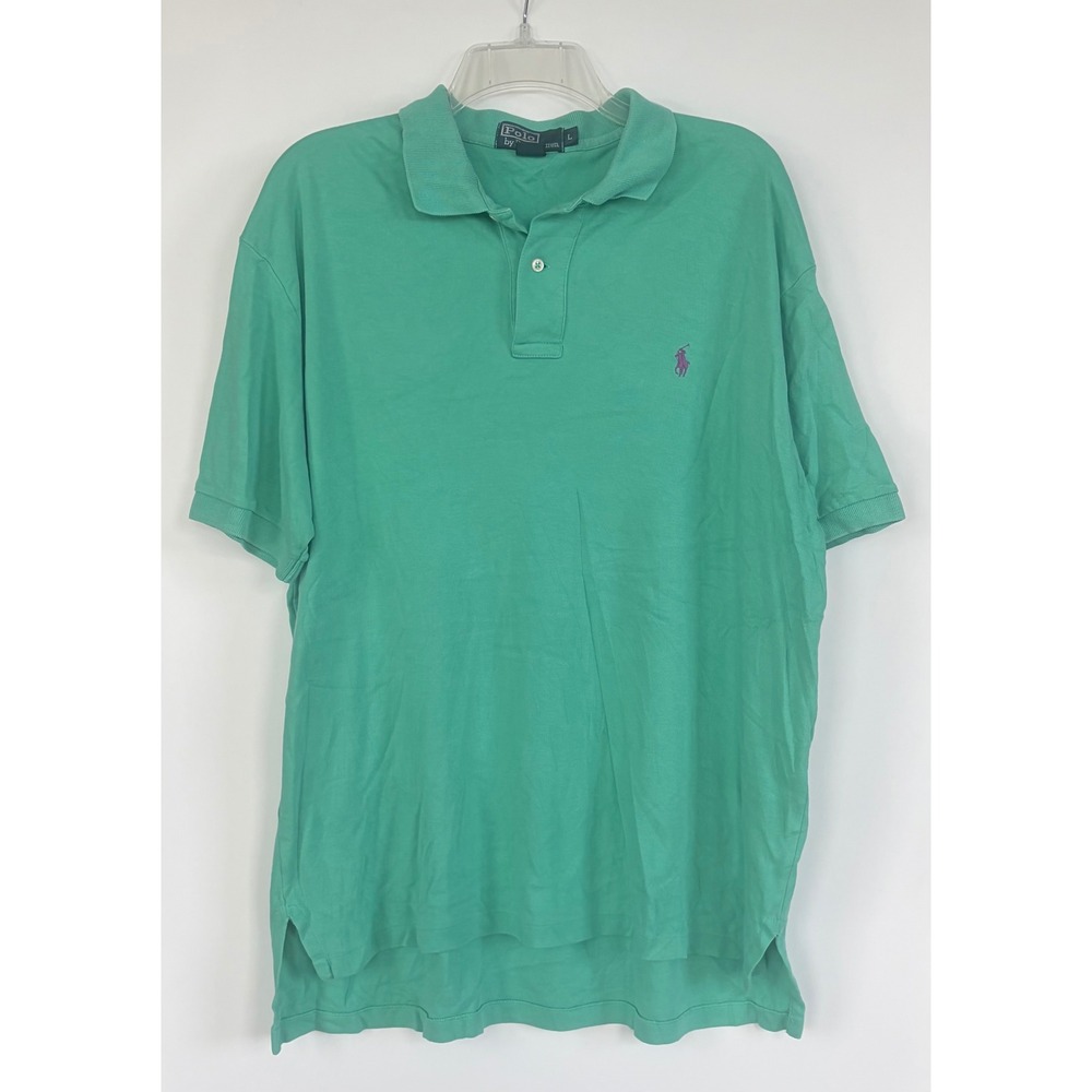 Polo Ralph Lauren Mens Large Green Pique Polo Shirt Purple Pony Short Sleeve - Picture 1 of 9
